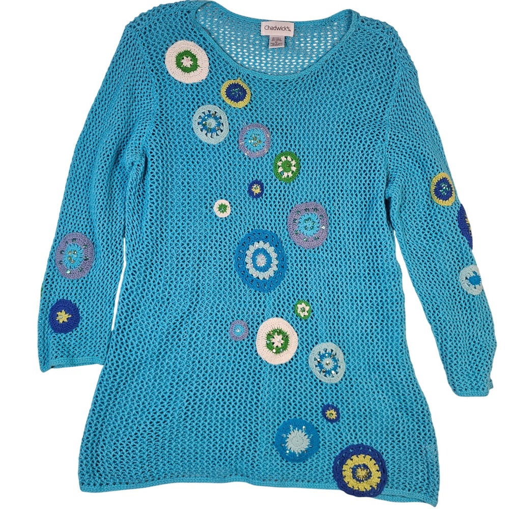 Chadwicks Womens XL Blue Crochet Medallion Knit Sweater Ramie Cotton Boho Tunic